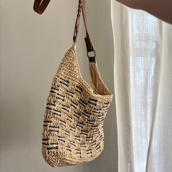 Sonoma Women's Beige Navy Woven Straw Crossbody Purse Lined - Picture 8 of 8